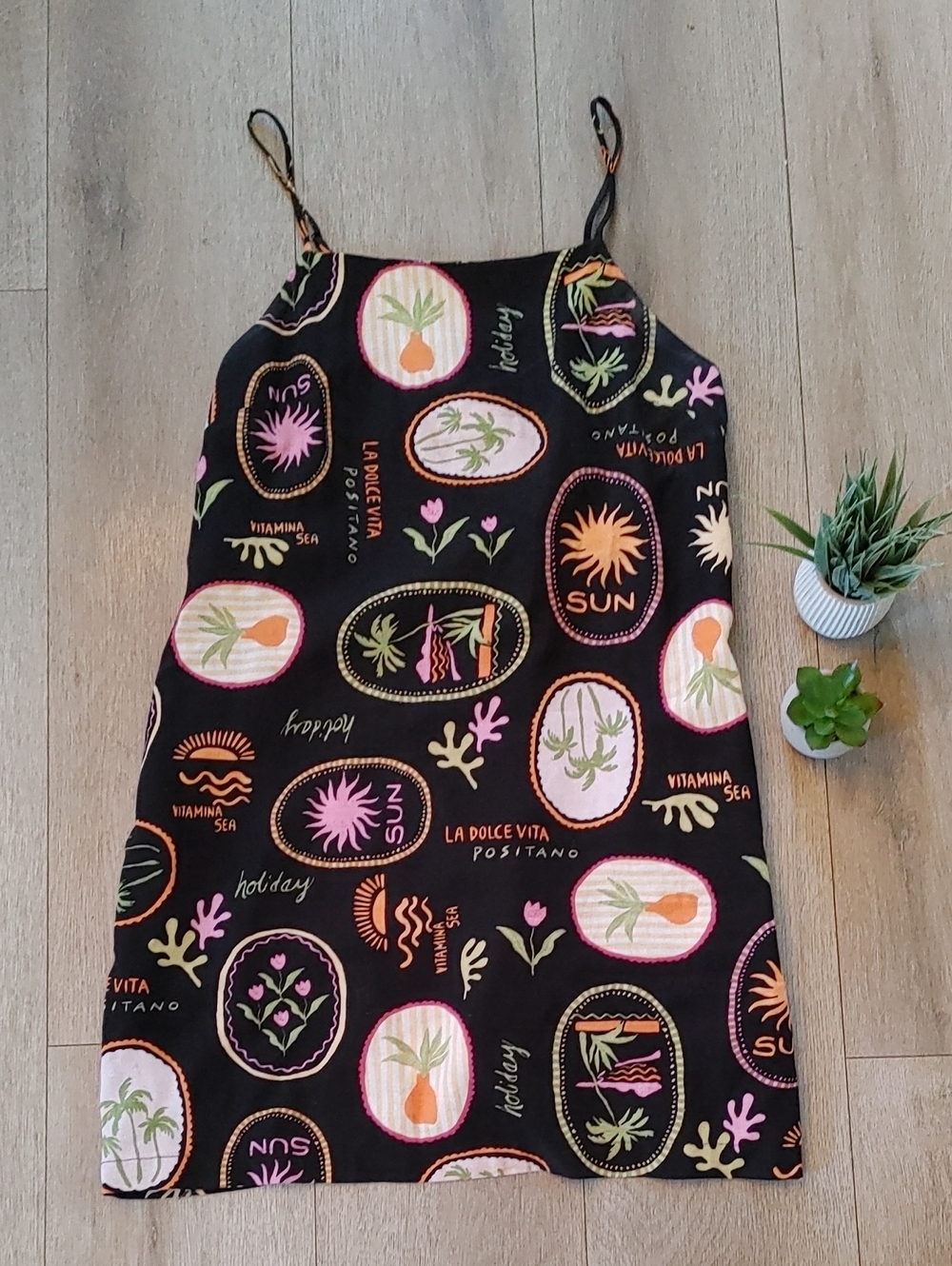 Moutaeu Dress l Large l Ladies Black Tropical Print Slip Dress